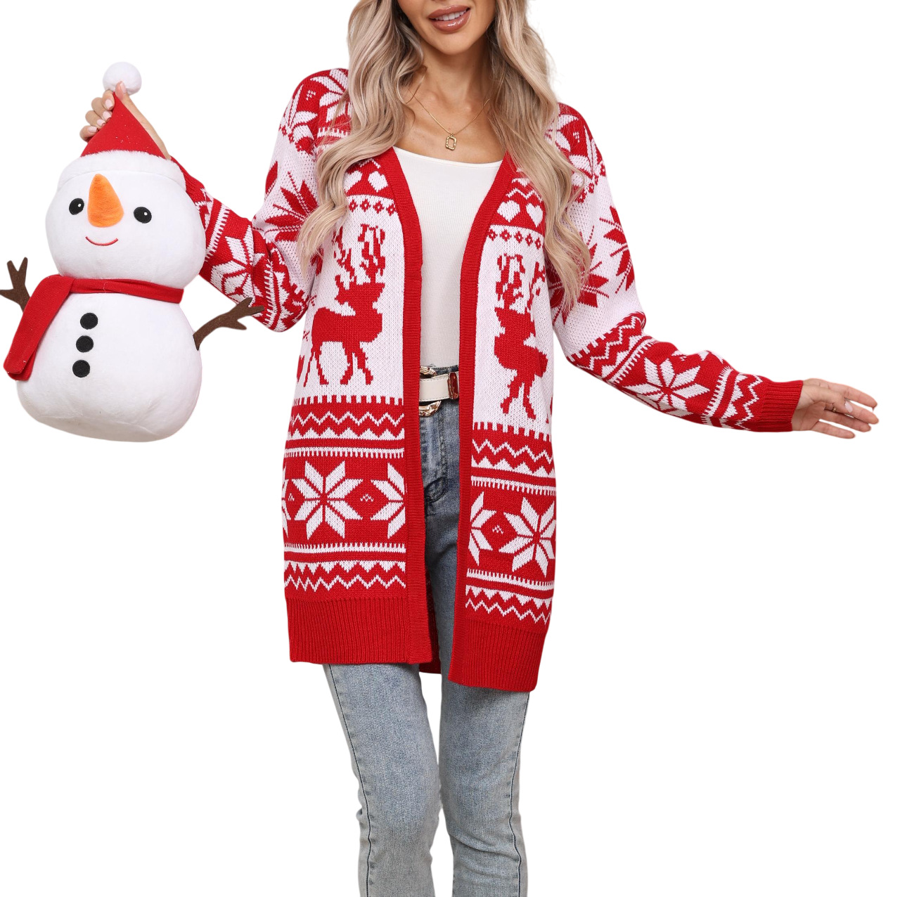 Womens Christmas Knit Cardigan Long Open Front Knit Sweater Winter Outerwear